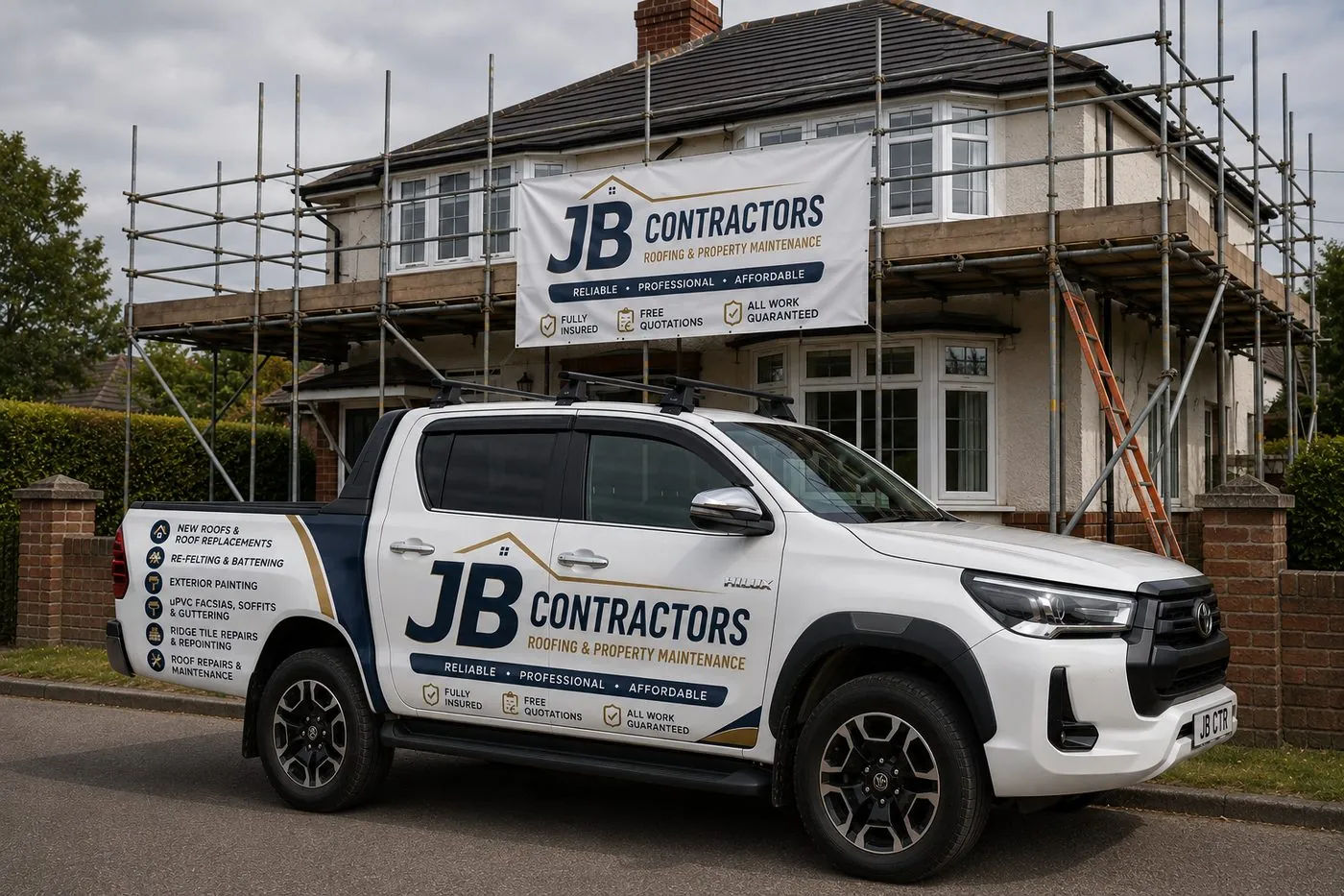 Cullompton Roofing pickup truck on site at a scaffolded roofing job in Cullompton