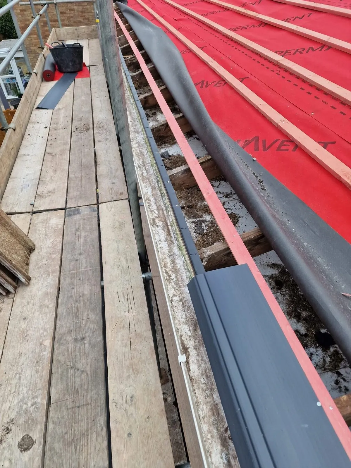 Breathable membrane and battens fitted during a re-roof in Cullompton